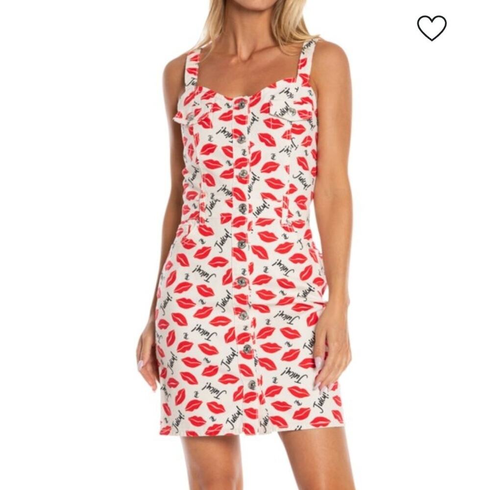 Juicy Couture Dress Womens M White Red Bodycon Kiss Print Mini Denim Mini